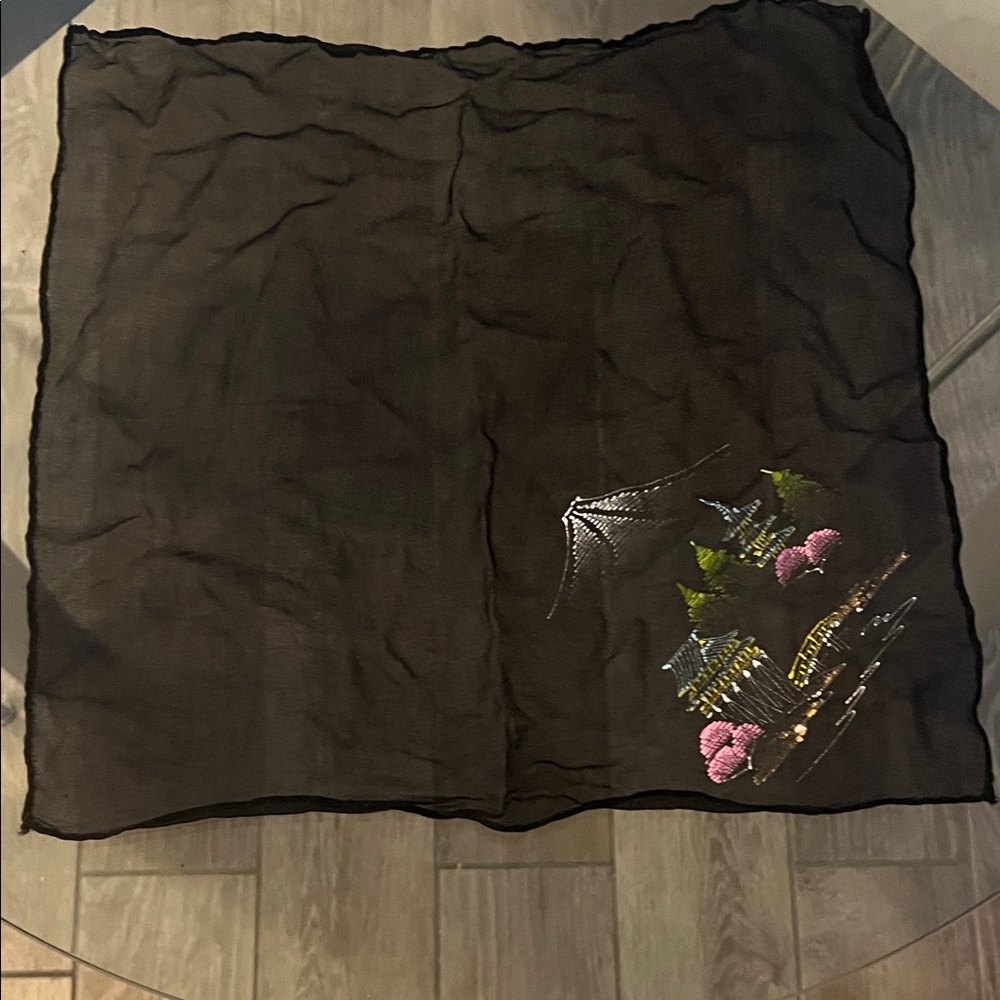 Vintage Black Sheer Asian handkerchief with silk screen painted design